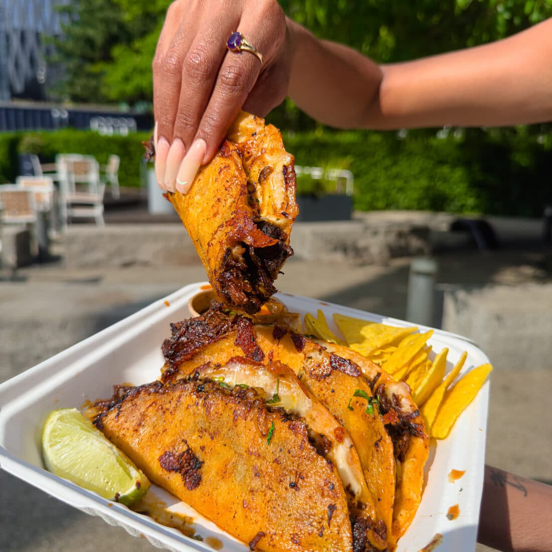 A birria taco lifted from a tray of tacos, nachos and lime
